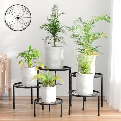 Ziwijity Set di 5 supporti per fiori in metallo, per interni ed esterni, per piante da giardino, per scale di piante, in ferro antiruggine, per decorazione di casa e giardino (nero)
