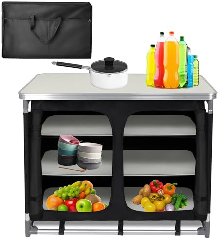 PEILU Campingschränke Outdoor Faltbare Campingküche aus Aluminiumgestell, Waschbare Oxford-Stoff & MDF Platten Mobile Zeltschrank Küchenbox mit Tragtasche für Reise Strand Camping (6 Ablageflächen)