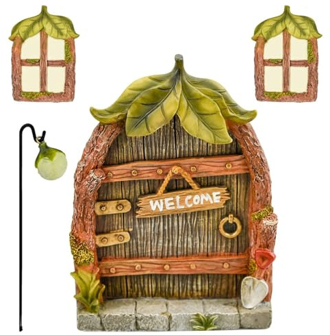 VEHICAR Feengarten Miniaturen 4 Stück Harz Feenhaus Tür Fenster mit nachtleuchtenden Laternen, Zwerg Statue Ornament, Baum und Wandbehang Dekoration