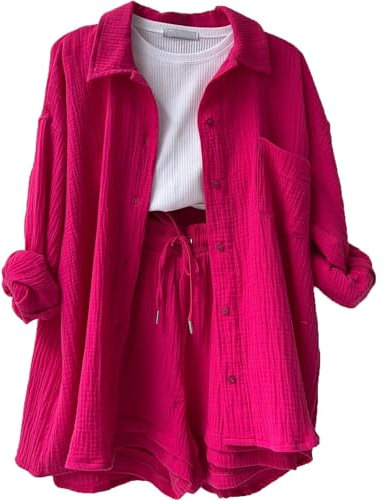 Musselin Set Damen Bluse Zweiteiler Sommer Shorts Hosenanzug Festival Kleidung Kurzarm (B Hot Pink, M)