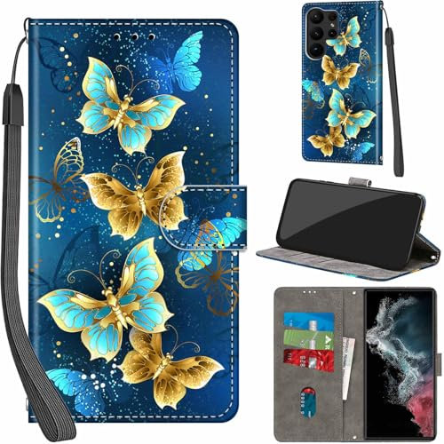 Handyhülle für Samsung Galaxy S23 Ultra Hülle PU Leder Schutzhülle Klappbar mit Kartenfach Ständer Handytasche mit Kameraschutz Flip Case Klapphülle für Samsung S23 Ultra, Vier Schmetterlinge