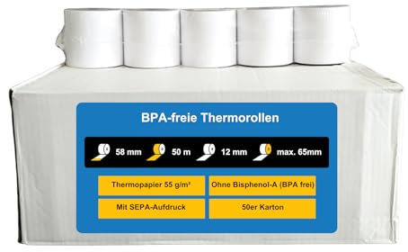 Gebongt24 Thermorolle 58 mm x 50 m x 12 mm - BPA-freies Thermopapier - 50 Kassenrollen mit 65 mm Rollendurchmesser – Bonrolle für Waagen, Kassen & Thermodrucker