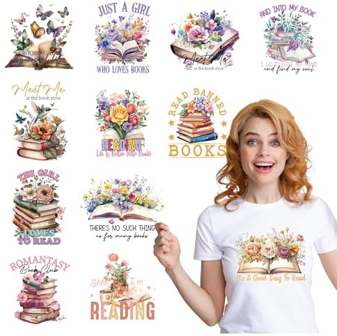 Buch DTF Transfers Ready to Press – Wxiben 12 Blatt Buchliebhaber Bügelbilder für T-Shirts Vintage Blumen DTF Heat Transfer Vinyl Aufkleber Buchish Iron on Decals für Kleidung T-Shirts Hoodie DIY