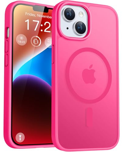 PuyaTeya für iPhone 13/14 Hülle, mit Magnetisch, Militärschutz Transluzent matt stoßfest Anti-Kratzen/Anti-Fingerprint/Anti-Glatte Handyhülle für iPhone 13/14 (Neon Pink)