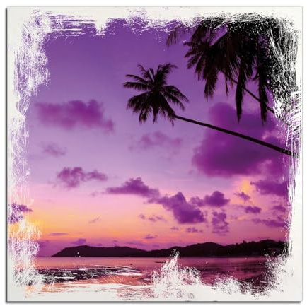 Wallario Wandbild aus Holz Sonnenuntergang unter Palmen Himmel in lila und orange - 50 x 50 cm in Premium-Qualität: Brillante Farben