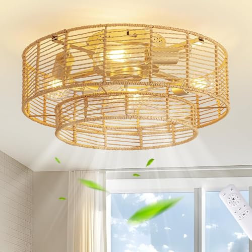 KZT Plafonnier en rotin avec ventilateur E27 vintage avec éclairage et télécommande Lampe silencieuse avec ventilateur, abat-jour en rotin naturel, 6 vitesses, plafonnier avec ventilateur