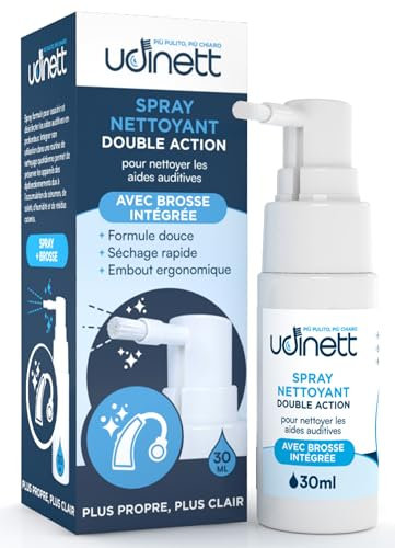 Spray Nettoyant pour Appareils Auditifs avec Brosse Udinett 30ml Assainissant pour Écouteurs Bluetooth Élimine le Cérumen et la Saleté Formule Douce Sans Alcool