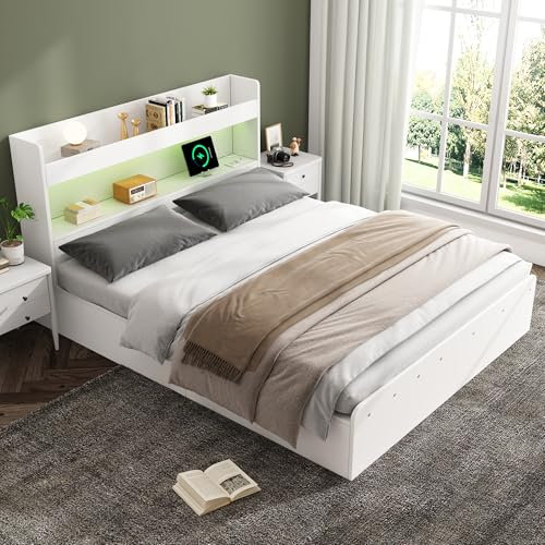Gegtuon Doppelbett Bett 140x200 mit LED-Licht, USB-Bett mit Unterbett Aufbewahrungsbox, Gästebett Stauraumbett Bettgestell mit Stauraum Kopfteil und 3 Schubladen für Schlafzimmer, ohne Matratze, Weiß