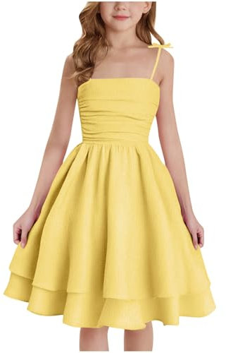 Fille Robe Bustier D'Été Vêtements Solid Chic Robe Élégant A-Ligne Robes sans Manches Vêtement Décontracté Funky Habillement Mi-Longue Hauts Vente Flash du Jour Et Soldes Jaune, 9-10 Ans