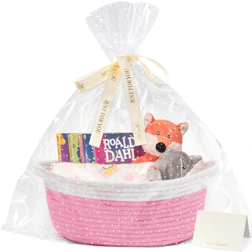 TIMEYARD Pink Baskets for Gifts Empty, Small Woven Basket for Storage, Baby Gift Basket for Diapers, Storage Baskets for Dogs, Cats, Cotton Rope Basket for Decor, 30 x 20 x 12 cm