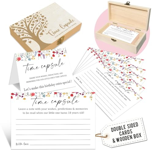 A01 Zeitkapsel-Box für den 1. Geburtstag, Andenken-Set für den ersten Geburtstag, mit 50 Stück Wildblumen-Party-Spielkarten, für Kinder geeignet, Zeitkapsel-Karten, Erinnerungsbox, Geschenk (Briefe