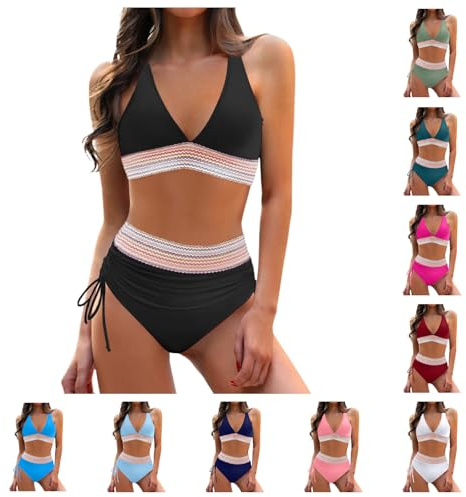 Maillot de Bain Femme 2 Pieces Col V Taille Haute Triangle Bikini Set Push Up Sexy Élégant Beachwear Ensemble de Swimsuit
