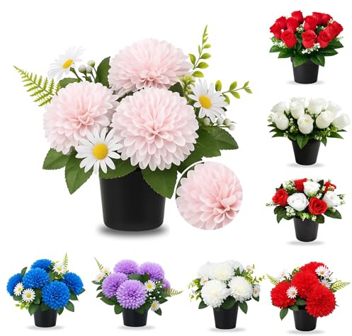 AMERISE 25cm Pink Artificial Grave Flowers in Pot – Realistic Chrysanthemums for Cemetery, Funeral & Memorial Decorations | Weather Resistant Outdoor Plastic Flower Pot for Graves UK