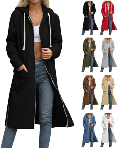 CSKJ Kapuzenjacke Damen Lang Elegant Kapuzenpullover Oversized Sweatjacke Reißverschluss Hoodie Jacke Langarm Herbst Winter Übergangsjacke Warm Fleecejacke Damenjacken Sweatshirt mit Kapuze