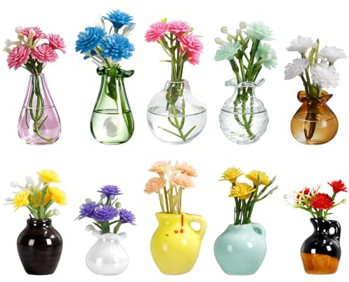 Magnetic bud vases set mini ceramic and glass vases with strong magnet for fridge and blackboard, decorative small flower vases for kitchen, home or office, for women (glass and