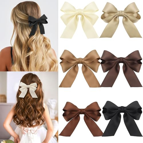 Xanthelle hårrosetter, 6 stycken satinhårrosetter för flickor och damer, mjuk rosett håraccessoar med hårklämma, Silky Hair Bows