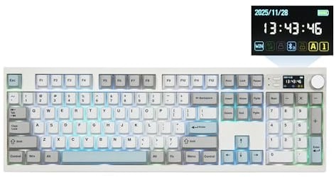 EPOMAKER QK108 Full Size Mechanische Tastatur mit Screen & Knopf, QMK/VIA, Creamy & Thocky, Gasket, RGB, Hot-Swap, 2,4G/BT Gaming Tastatur, 8000 mA, Mac Keycap (Weiß, Wisteria Linear Schalter)
