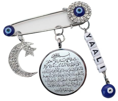 Broche musulmane islamique Ayatul Kursi en acier inoxydable, croissant de lune persan étoile en cristal, accessoire de bijoux de foi classique