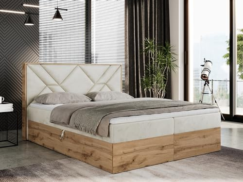 MKS MEBLE Boxspringbett 120x200 cm mit Kopfteil und Bettkasten, Polsterbett mit Mittelfest (H3) Matratze und Topper Visco, Boxspringbett mit Massivholz und Kopfstütze - Gunar - Beige Velvet