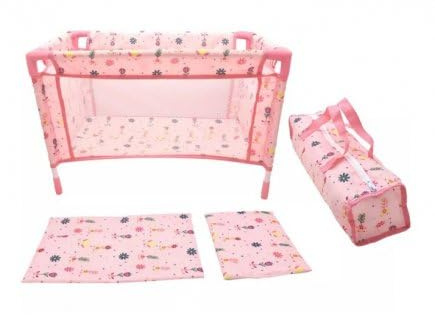 Lit Poupee 46 cm Max, Fleurs, Rose - avec Oreiller, Couverture, Sac - lit Parapluie, Voyage - Set Jouet Accessoire Poupon et Une Carte
