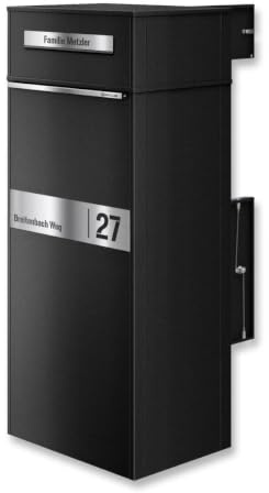 Metzler Briefkasten und Paketbox entnahme hinten, Paketbriefkasten rückseitig draussen groß XXL, Standbriefkasten personalisiert, Paketkasten, Postbox in RAL 9005 Tiefschwarz mit Namensgravur, ZIVO2