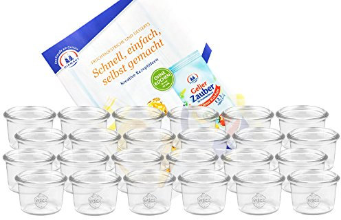 MamboCat Weck Lot de 24 bocaux en verre - 80 ml - Bocaux à dessert - Bocaux en verre pour gâteaux, gelées, etc., sans couvercle - Avec livret de recettes Diamant-Zucker Gelierzauber (français non