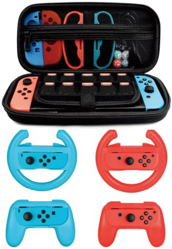 Zubehör-Set für Nintendo Switch Games Starter, 2 x Lenkrad, 2 x Griffset, 1 x Reise-Tragetasche (5-in-1 rot/blau)