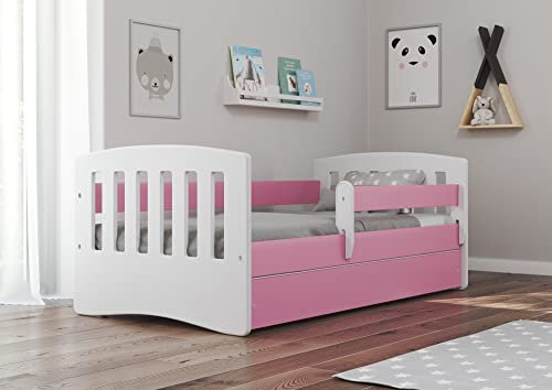 Bjird Kinderbett Jugendbett 80x160 80x180 Rosa mit Rausfallschutz Schublade und Lattenrost Kinderbetten für Mädchen und Junge - Classic I 180 cm