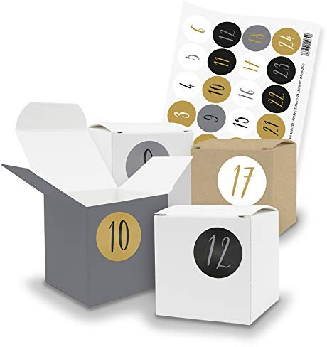 itenga Adventskalender Bastel-Set I 24 Geschenkboxen Würfel klein aus Karton I Braun Grau Weiß I zum Füllen I Aufkleber mit den Zahlen 1 bis 24 Schlicht