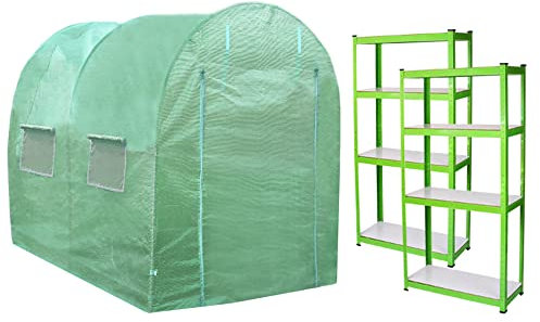 MonsterShop - Serra da Giardino a Tunnel da Esterno in Polietilene Resistente alla Corrosione e Raggi UV Telaio in Ferro Galvanizzato per Piante Giardinaggio Telaio 25mm - 4m x 2m & 2 Scaffali Inclusi