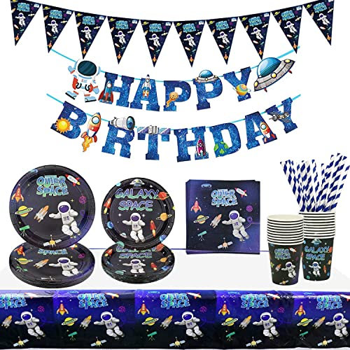 Outer Space Party Supplies - Galaxy Planet Theme Happy Birthday Banner, Plates, Napkins, Cup, Straws, and Tablecloth for Boys Kids Party Decorations, Serves 20 Guests