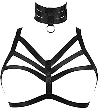 JELINDA Body Harness BH für Damen, sexy Cupless BH mit Choker, Pentagra Käfig-BH, Punk, Gothic-Stil, Träger-Dessous, 94-Schwarz, Einheitsgröße