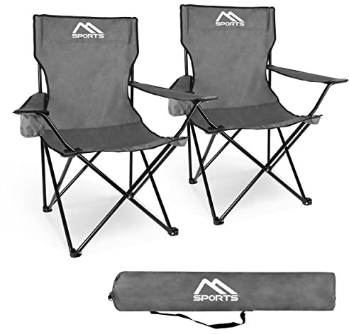 MSPORTS Campingstuhl Premium inkl. Tragetasche in Grau Anglerstuhl Faltstuhl - 2er Set - Klappstuhl mit Armlehne und Getränkehalter praktisch robust leicht