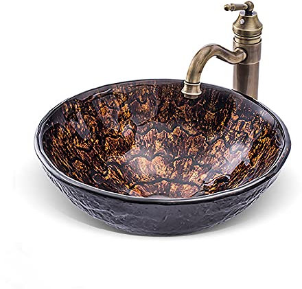 SHUGUANG Gehärtetes Glas Waschbecken, Aufsatzwaschbecken Rund Glas Aufsatz Waschschale, Waschschale Waschtisch Set mit Antike Wasserhahn, Ablaufwasser Set, Montagering, 420×420×145mm,Braun