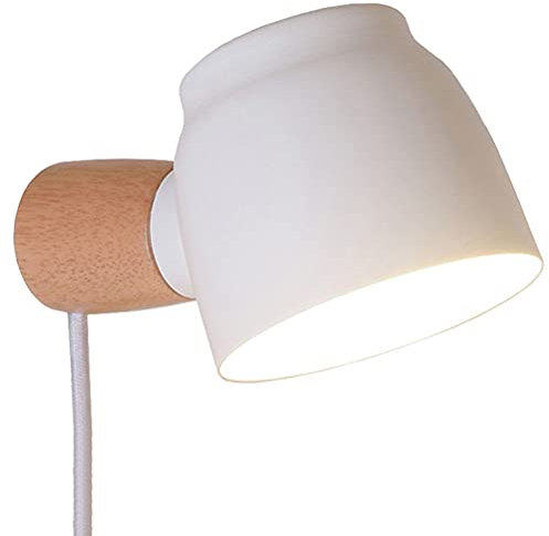 Holz Wandleuchte Mit Schalter Und Stecker, Schlafzimmer Wandbeleuchtung 360 ° Drehung Verstellbar Wand-Leselicht Nachttischlampe Innen Wandlampe Mit Kabel Bettlampe Schwenkbar Weiß Metall Schirm E14