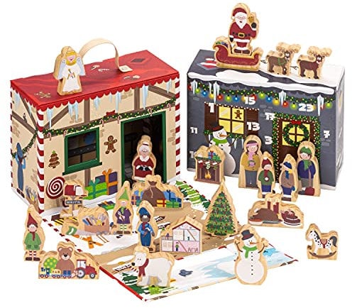 yoamo Wichtelwerkstatt Adventskalender mit Spielkoffer für Kinder mit Holzfiguren in hochwertigem Aufbewahrungs-Koffer, 27-teilig (1 Set)