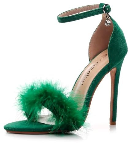 JOEupin Sandali da donna soffici con tacco alto in piuma di marabù con pelliccia, Verde, 38 EU