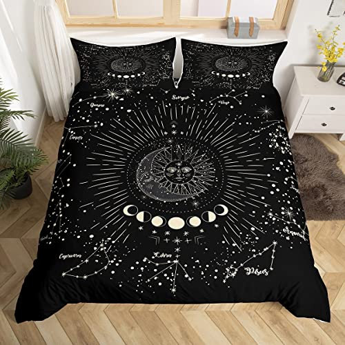 Loussiesd Sonne und Mond Bettwäsche Set 155x220cm Boho exotisches Dekor Bettwäsche Kinder Jungen Mädchen Galaxie Astrologie Bettbezug böhmischer Tribal schwarzer Bettbezug mit 1 Kissenbezug