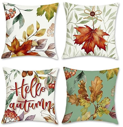 Bonhause 4er Set Kissenbezüge Herbst Blätter 45 x 45 cm Herbstlaub Polyester Leinen Dekorative Kissenhülle Zierkissenbezüge für Sofa Schlafzimmer Wohnzimmer Auto Zuhause Dekoration