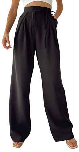 Cocoarm Damen Lange Gerade Hose mit Weitem Bein Krawatte Freizeithose Hohe Taille Locker Hosen Einfarbig Plissee Sporthose mit Kordelzug(m-Schwarz)