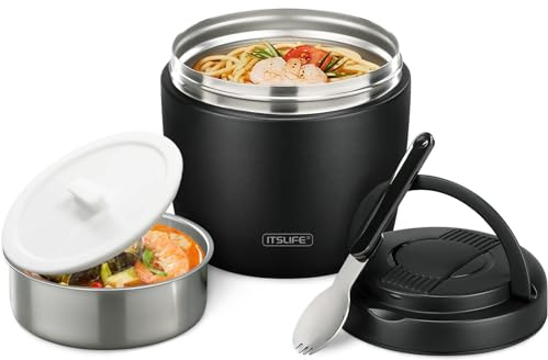 Itslife 32oz Insulated Soup Thermo, Vacuum Stainless Steel Food Jar for Hot & Cold Food, Leakproof Wide Mouth Lunch Container with Spoon, Black