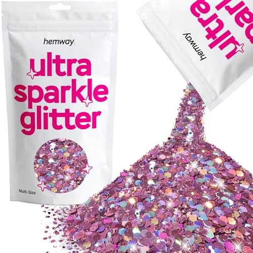 Hemway Ultra Sparkle Glitter Rose Pink Holographic 100g Multi Size | Glitter for Arts & Craft, Makeup, Nail Art, Crafting, Card Making, Sparkle Decoration