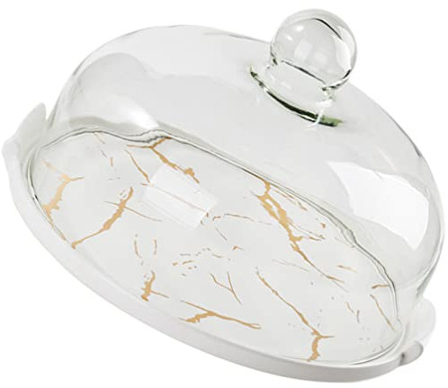 Zerodeko Cutlery Tray Marble Ceramic Cake Stand with Dome Cake Plate with Glass Dome Cake Cover Desert Platter Serving Tray Cheese Cloche Dome for Home Kitchen Party 9.75inch Wedding Cake Stand
