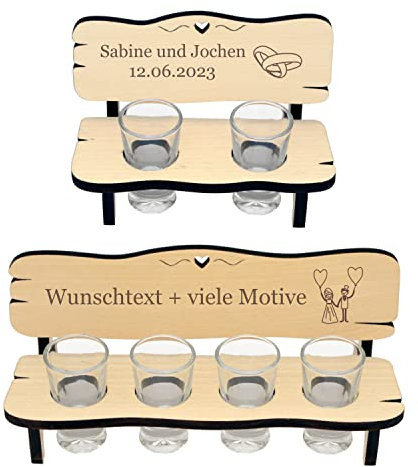 Hochzeitsbank mit Schnapsgläsern - Gravur mit Name + Spruch - Schnapsbank mit zwei Gläser oder 4, Geschenk zur Hochzeit, Verlobung, Jahrestag, Silberhochzeit, goldene Hochzeit