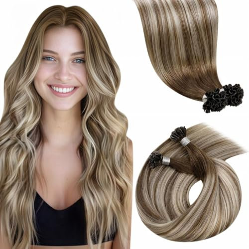 LaaVoo Bondings Extension Echthaar Balayage Blond Keratin U Tip Extensions Echthaar Bondings Hellbraun Ombre Platinblond Bondins Haarverlängerung Remy Meschliche Haare 50g 1g/s #8/60/8 35cm