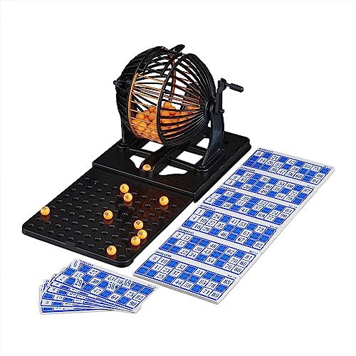 Relaxdays Bingo Spiel mit Lostrommel, 90 Kugeln, 72 Karten, Spielbrett ausziehbar, Kinder & Erwachsene, Tombola, schwarz