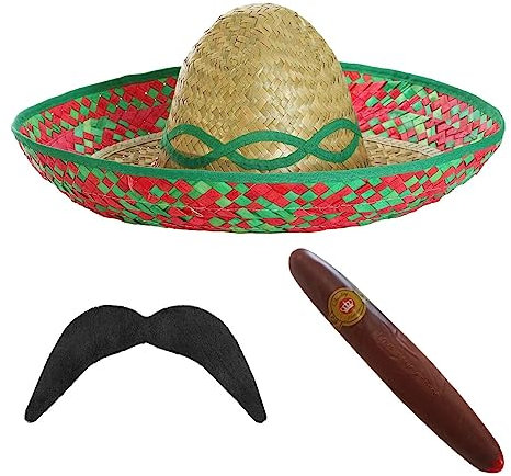 Juego de disfraz mexicano de sombrero y tash – Paquete de 3 – Sombrero de paja verde, cigarro falso y bigote pegado – Accesorio de disfraz de fiesta de México