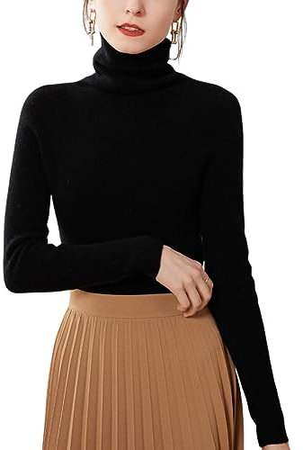 DISSA Pull Cachemire Femme Col Roulé Noir Solide Couleur Tricoté Mince Manches Longues Fin Pull en Cachemire et Laine,42,SPR2263