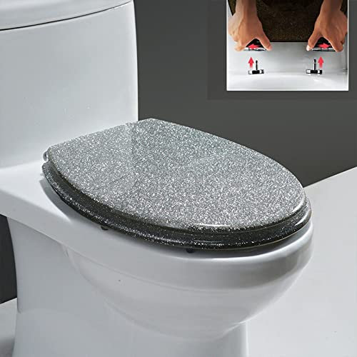 Glitter Toilet Seat Soft Close Toilet Seats, Heavy Duty Resin Toilet Seat with Quick Release Adjustable Hinge, Slow Close Toilet Seat Pink Toilet Seat,14.2×16.53,Silver