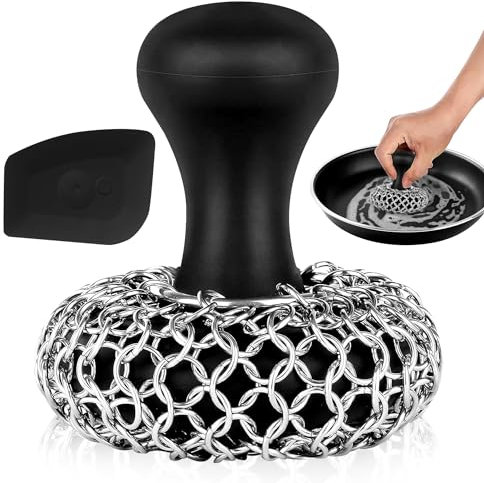 Estropajo de hierro fundido + toalla de bambú, limpiador de hierro fundido 316 con inserto de silicona, limpiador de malla de hierro fundido para sartenes de hierro fundido (negro CIS con raspador